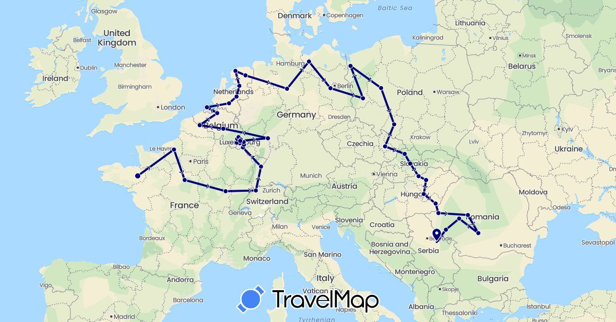 TravelMap itinerary: driving in Belgium, Switzerland, Czech Republic, Germany, France, Hungary, Luxembourg, Netherlands, Poland, Romania, Serbia, Slovakia (Europe)