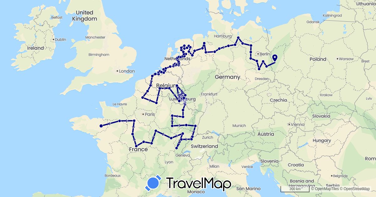 TravelMap itinerary: driving in Belgium, Switzerland, Germany, France, Luxembourg, Netherlands, Poland (Europe)