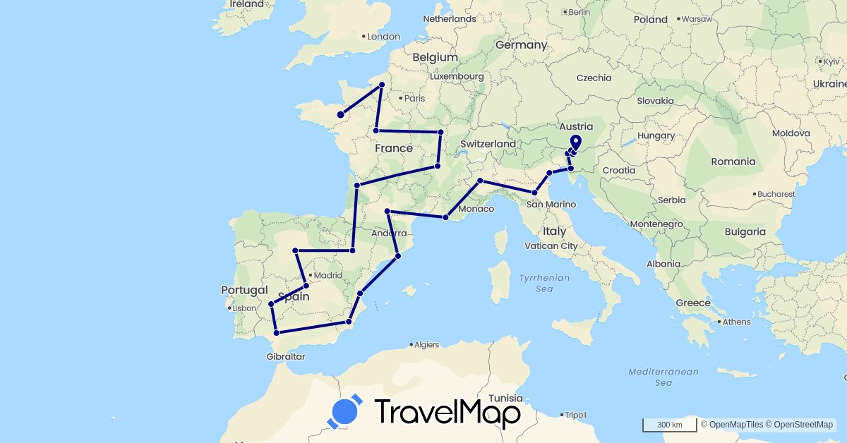 TravelMap itinerary: driving in Spain, France, Italy, Slovenia (Europe)