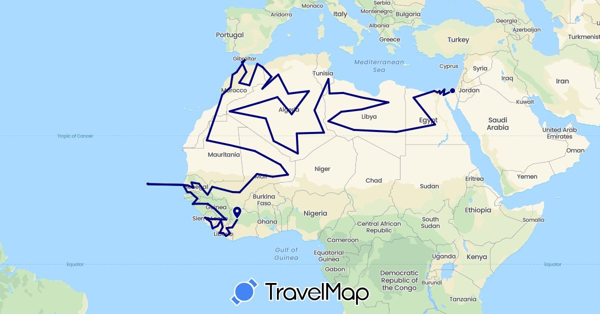 TravelMap itinerary: driving in Côte d'Ivoire, Cape Verde, Algeria, Egypt, Spain, Gambia, Guinea, Guinea-Bissau, Liberia, Libya, Morocco, Mali, Mauritania, Sierra Leone, Senegal, Tunisia (Africa, Europe)