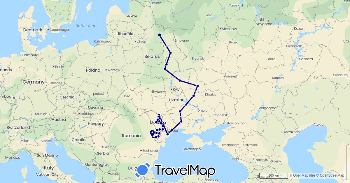 TravelMap itinerary: driving in Belarus, Moldova, Romania, Ukraine (Europe)