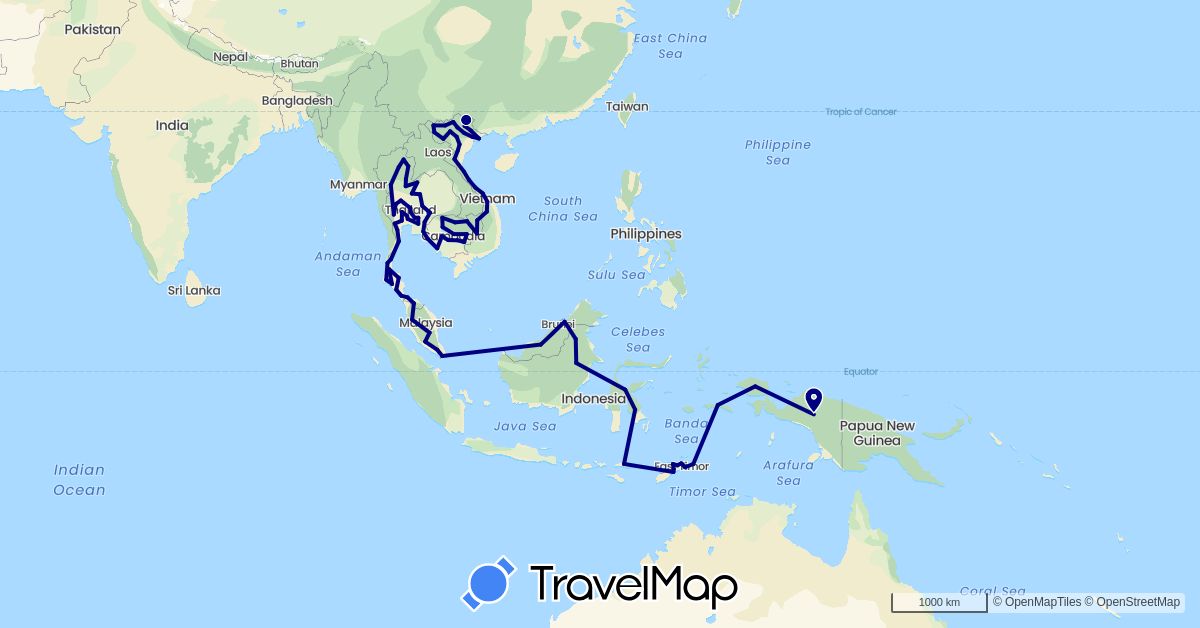 TravelMap itinerary: driving in Brunei, Indonesia, Cambodia, Malaysia, Singapore, Thailand, East Timor, Vietnam (Asia)
