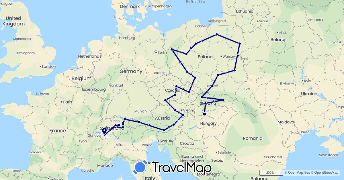 TravelMap itinerary: driving in Austria, Switzerland, Czech Republic, Hungary, Liechtenstein, Poland, Slovakia (Europe)