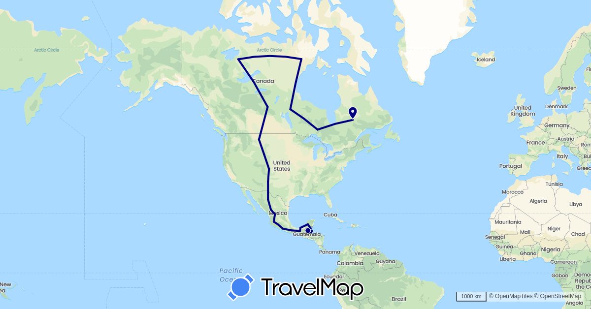 TravelMap itinerary: driving in Belize, Canada, Guatemala, Mexico, United States (North America)