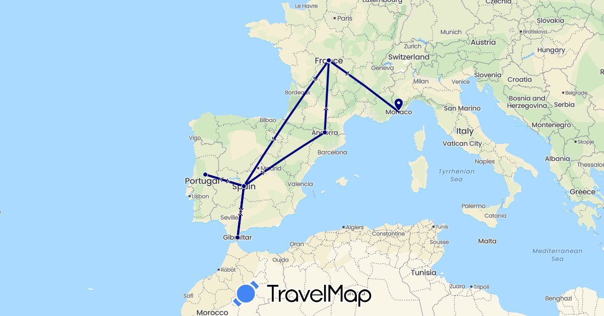 TravelMap itinerary: driving in Andorra, Spain, France, Gibraltar, Monaco, Portugal (Europe)