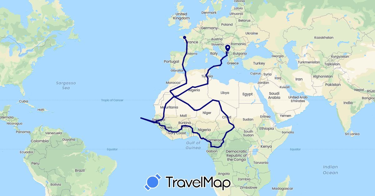 TravelMap itinerary: driving in Burkina Faso, Cape Verde, Spain, France, Gambia, Italy, Montenegro, Nigeria, Senegal, Chad (Africa, Europe)