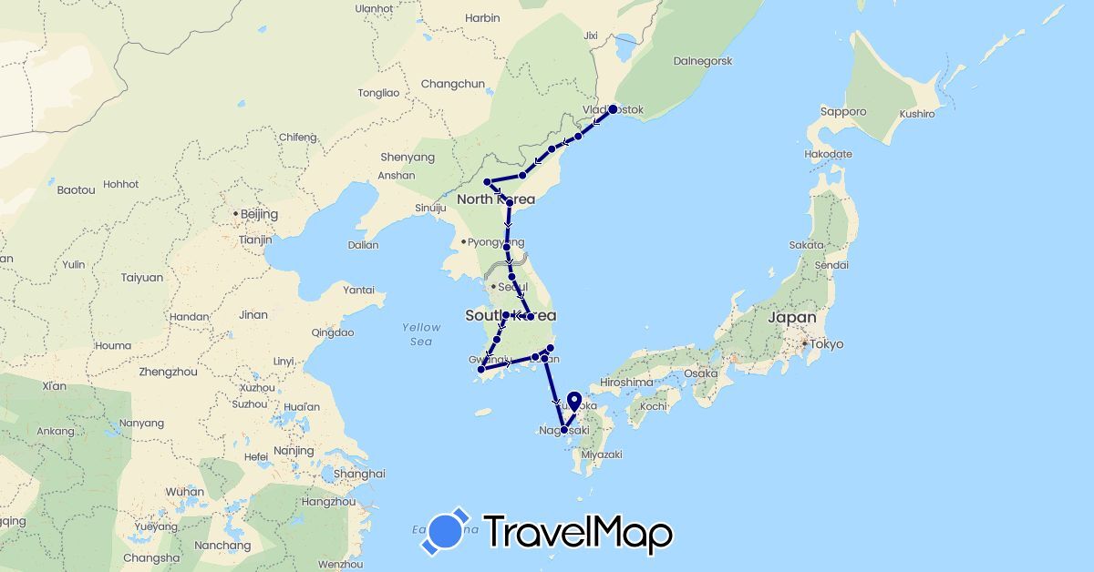 TravelMap itinerary: driving in Japan, North Korea, South Korea, Russia (Asia, Europe)