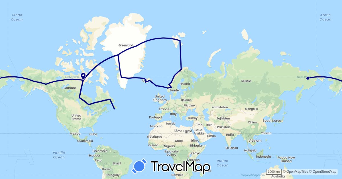 TravelMap itinerary: driving in Canada, Faroe Islands, France, Greenland, Iceland, Norway, Russia, United States (Europe, North America)