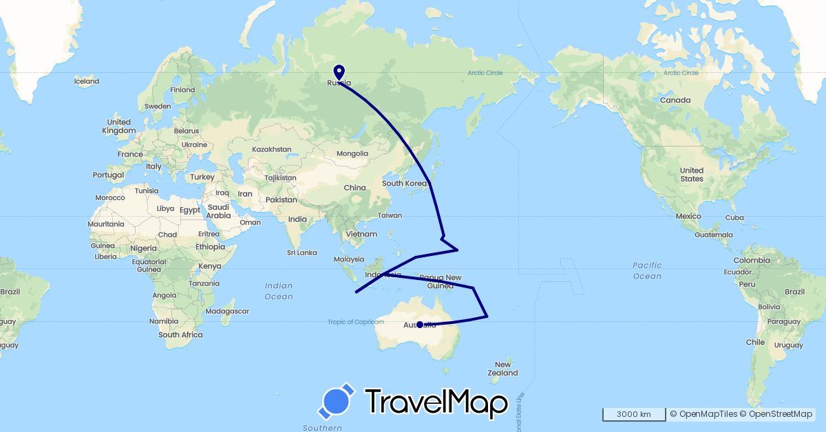 TravelMap itinerary: driving in Australia, Micronesia, France, Indonesia, Japan, Papua New Guinea, Palau, Russia, Solomon Islands, United States (Asia, Europe, North America, Oceania)