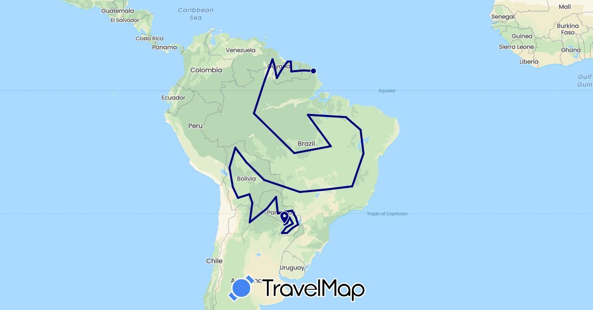 TravelMap itinerary: driving in Argentina, Bolivia, Brazil, France, Guyana, Paraguay, Suriname (Europe, South America)