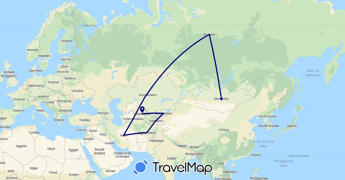 TravelMap itinerary: driving in Afghanistan, Iran, Kyrgyzstan, Kazakhstan, Mongolia, Russia, Tajikistan, Turkmenistan, Uzbekistan (Asia, Europe)