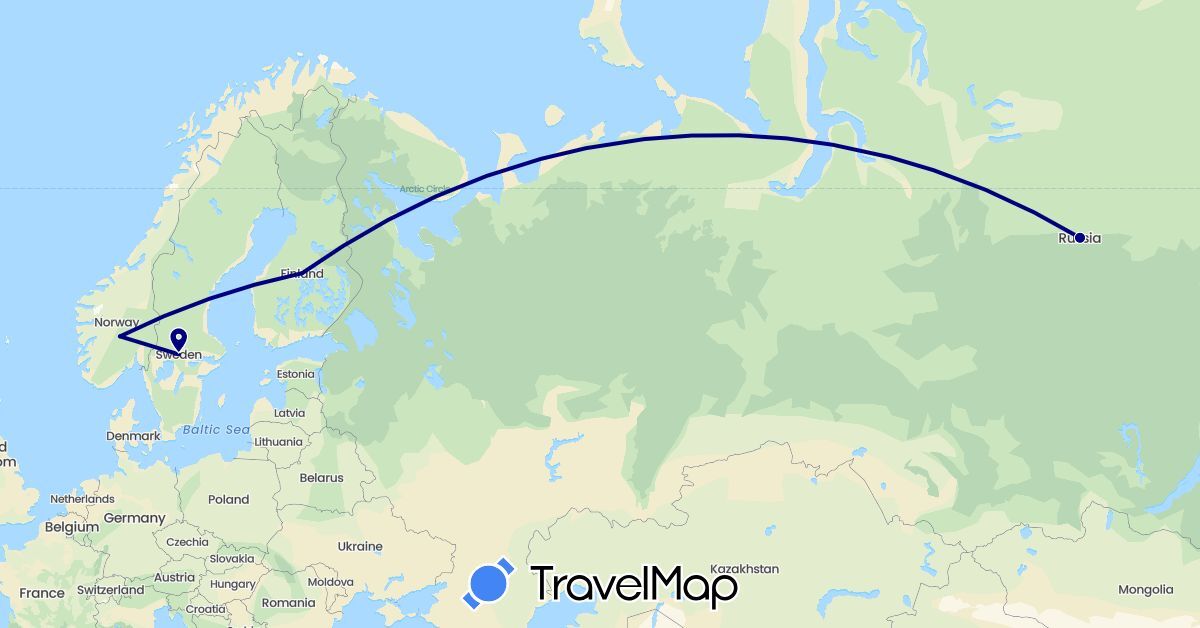 TravelMap itinerary: driving in Finland, Norway, Russia, Sweden (Europe)
